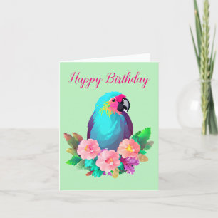 Cartão De Festividades Papagaio Azul Tropical com Flores Tropicais