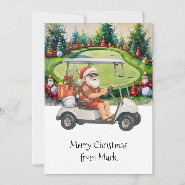 Cartão De Festividades Papai Noel andando de carrinho de golfe Natal Feri (Frente)