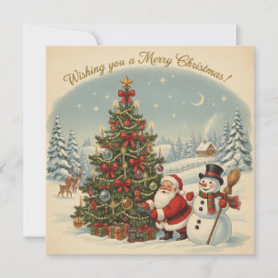 Cartão De Festividades Papai Noel Antigo e Boneco de Neve com Árvore de N