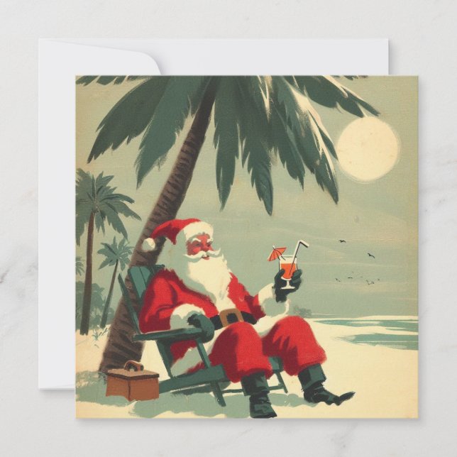 Cartão De Festividades Papai Noel Antigo em Férias na Praia Tropical Retr (Frente)