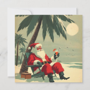 Cartão De Festividades Papai Noel Antigo em Férias na Praia Tropical Retr