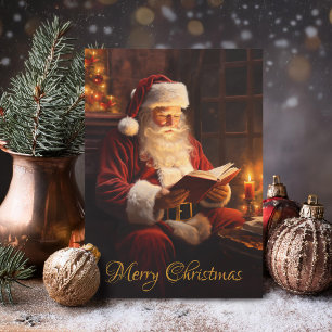 Cartão De Festividades Papai Noel Antigo Lendo um Livro