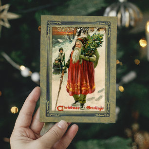 Cartão De Festividades Papai Noel Antigo Vintage na Neve