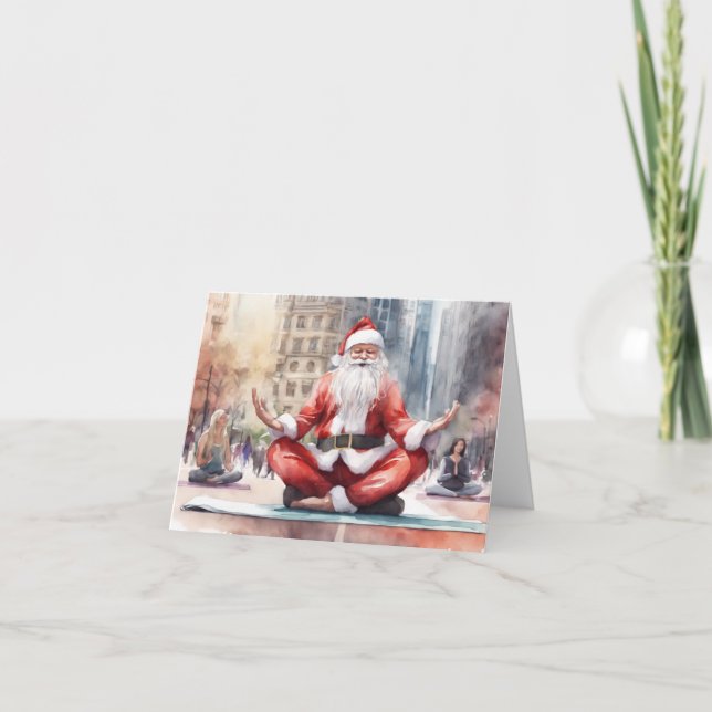 Cartão De Festividades Papai Noel aquarela fazendo Yoga em NYC (Frente)
