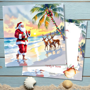 Cartão De Festividades Papai Noel aquarela & Rena na Praia Natal