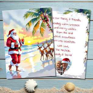 Cartão De Festividades Papai Noel aquarela & Rena na Praia Natal