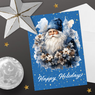 Cartão De Festividades Papai Noel Azul Floral