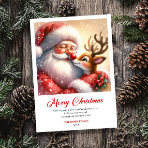 Cartão De Festividades Papai Noel Brilhante E Rudolph Saudação de Natal A