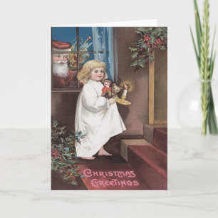 Cartão De Festividades Papai Noel Brinquedos Menina Bonita Azevinho