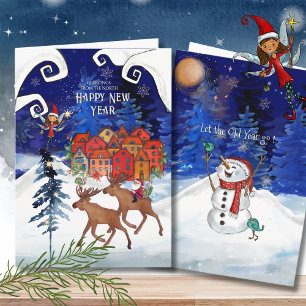 Cartão De Festividades Papai Noel caprichoso nórdico em um Alce Feliz Ano