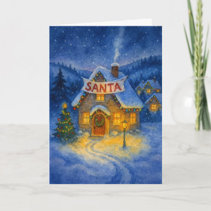 Cartão De Festividades Papai Noel Casa de Aquarela Vintage Natal