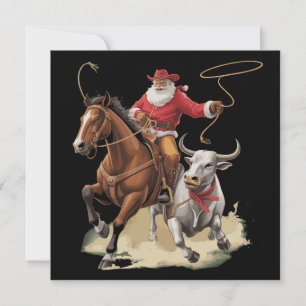Cartão De Festividades Papai Noel Caubói Ocidental Roping Natal Vintage 