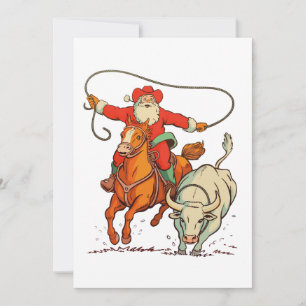 Cartão De Festividades Papai Noel Caubói Ocidental Roping Natal Vintage X