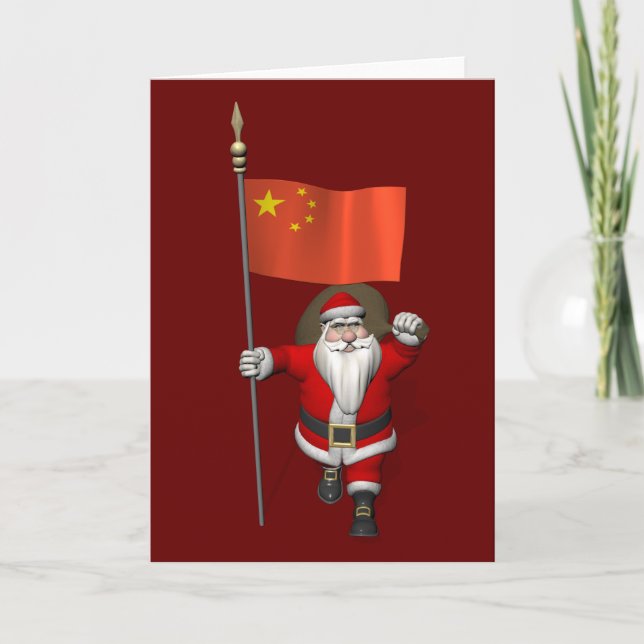 Cartão De Festividades Papai Noel Com Bandeira Da China (Frente)