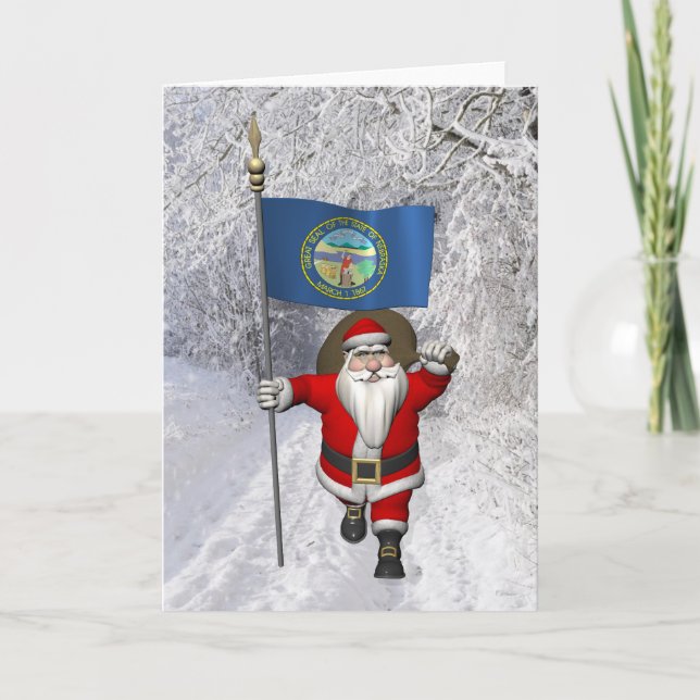 Cartão De Festividades Papai Noel Com Bandeira De Nebraska (Frente)