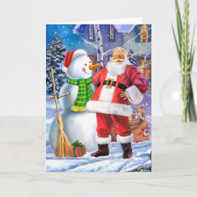 Cartão De Festividades Papai Noel com boneco de neve (Frente)