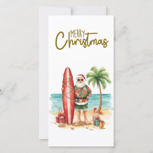 Cartão De Festividades Papai Noel com Prancha de Surfe Natal tropical