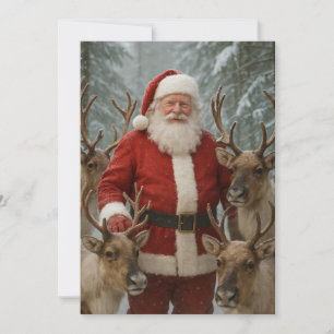 Cartão De Festividades Papai Noel com renas e madeira de neve