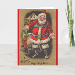 Cartão De Festividades Papai Noel de 1915 com seu trenó e brinquedos
