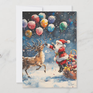 Cartão De Festividades Papai Noel de Aquarela Festiva Rena Balão Colorido