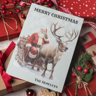 Cartão De Festividades Papai Noel de Aquarela Vintage e Trenó de Rena