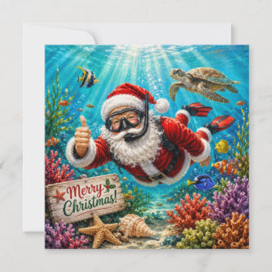 Cartão De Festividades Papai Noel de Mergulho Natal Subaquático
