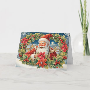 Cartão De Festividades Papai Noel de Natal Antigo com Grinalda de Poinset