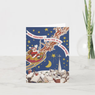 Cartão De Festividades Papai Noel de Natal Antigo com Rena Voando