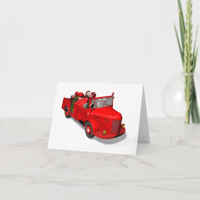 Cartão De Festividades Papai Noel Dirigindo Um Caminhão De Fogo (Frente)