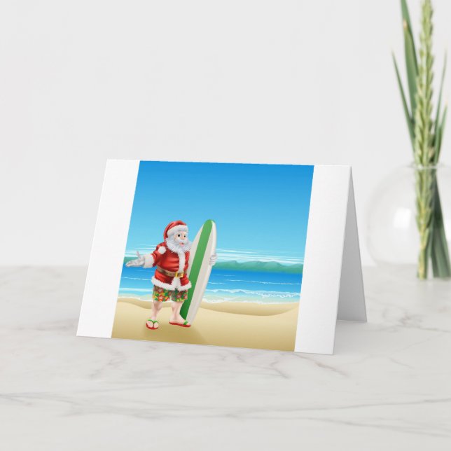 Cartão De Festividades Papai noel do surf na praia (Frente)