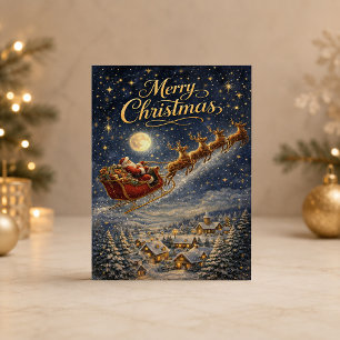 Cartão De Festividades Papai Noel Dourado Mágico Noite Céu Natal Feliz