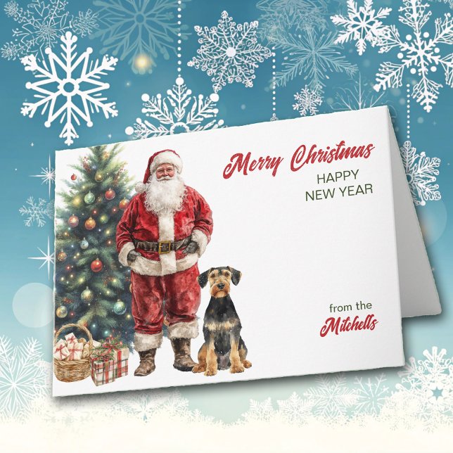 Cartão De Festividades Papai Noel e Airedale Terrier Dog Natal (Criador carregado)