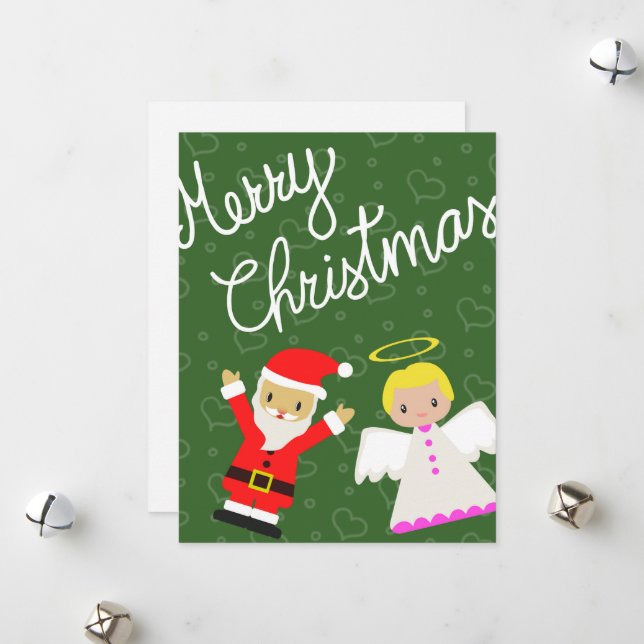 Cartão De Festividades Papai Noel e Anjo desejando um Feliz Natal (Frente/Verso In Situ)