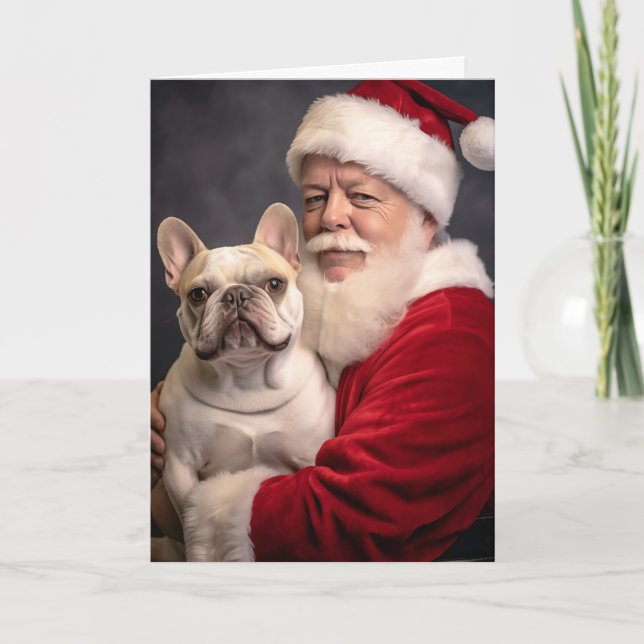 Cartão De Festividades Papai Noel e Bulldog Francês (Frente)