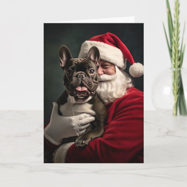 Cartão De Festividades Papai Noel e Bulldog Francês (Frente)