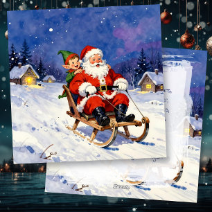 Cartão De Festividades Papai Noel e Elfo Descendo a Colina na Véspera de
