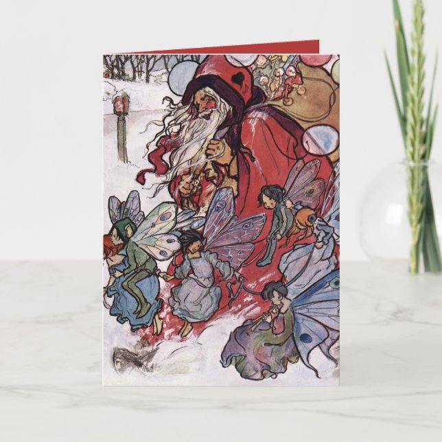 Cartão De Festividades Papai Noel e Fadas por Florence Harrison (Frente)