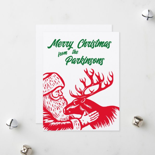 Cartão De Festividades Papai Noel e Rena ao estilo Xilogravura Antiga (Frente/Verso In Situ)