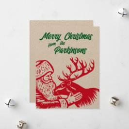 Cartão De Festividades Papai Noel e Rena de Xilogravura Antiga