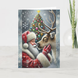 Cartão De Festividades Papai Noel e Rena, Floresta Nevada, Árvore de Nata