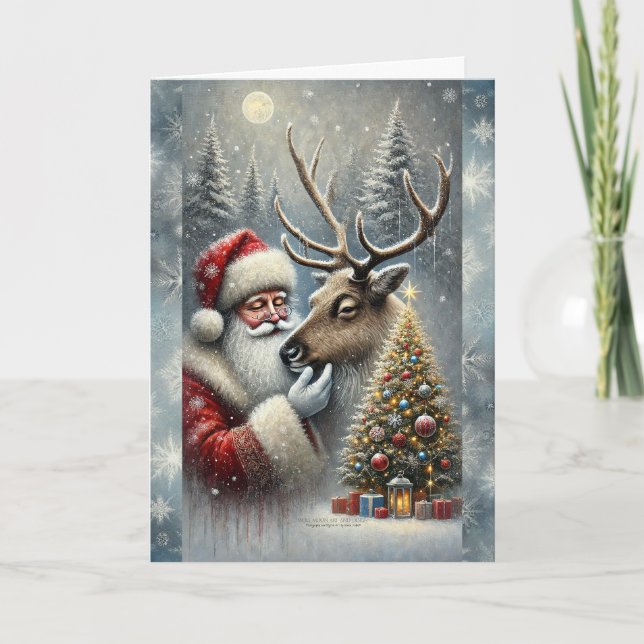 Cartão De Festividades Papai Noel e Rena, Floresta Nevada, Árvore de Nata (Frente)