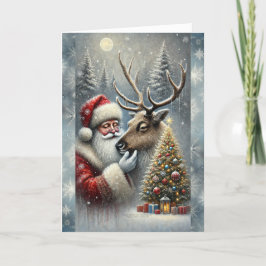 Cartão De Festividades Papai Noel e Rena, Floresta Nevada, Árvore de Nata