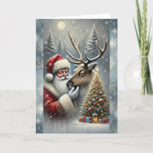 Cartão De Festividades Papai Noel e Rena, Floresta Nevada, Árvore de Nata
