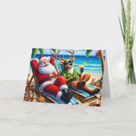 Cartão De Festividades Papai Noel e Rena na Praia Clima Quente