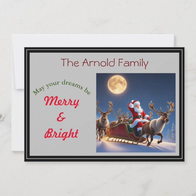 Cartão De Festividades Papai Noel e renas com lua cheia (Frente)