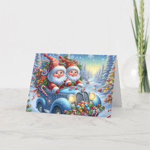 Cartão De Festividades Papai Noel e Sra. Claus andando de carro antigo