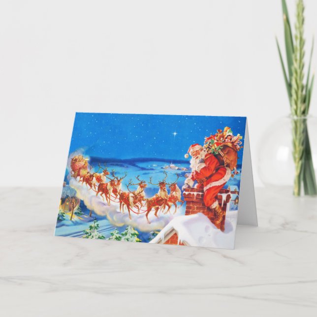Cartão De Festividades Papai Noel e sua Reindeer no Telhado (Frente)