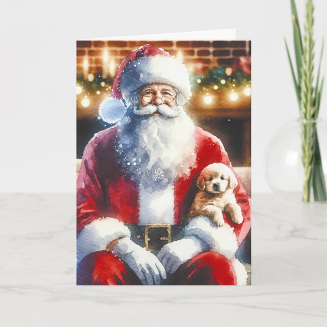 Cartão De Festividades Papai Noel e um Cachorrinho | Natal Antigo (Frente)