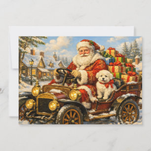 Cartão De Festividades Papai Noel em carro antigo entregando presentes