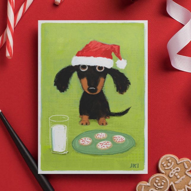 Cartão De Festividades Papai noel engraçado do cão do Dachshund com leite (Criador carregado)